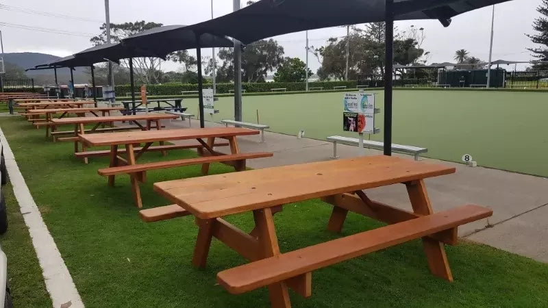 Commercial Australian made picnic tables designed for outdoor venues, clubs, and entertaining areas
