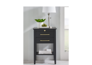 Contemporary dark timber bedside table in room setting by Flamingo Furniture