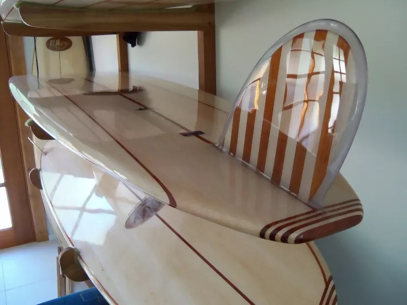 Close up of fin detail on Riley Solid Balsa Classic Malibu balsawood surfboard