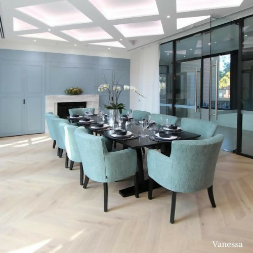 Australian made timber dining table with blue chairs by Flamingo Furniture