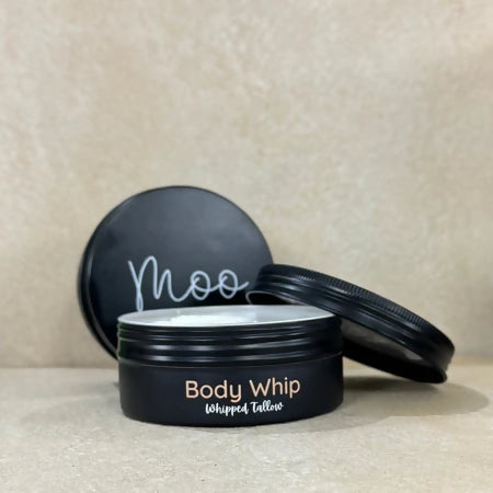 Moo Organics Tallow Body Whip open jar showing whipped tallow moisturiser