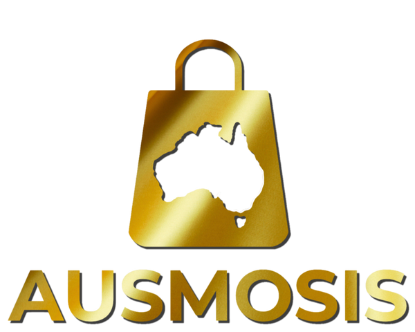 Ausmosis gold logo with shopping bag and Australia cut-out, featuring AUSMOSIS text – Australian-made marketplace brand
