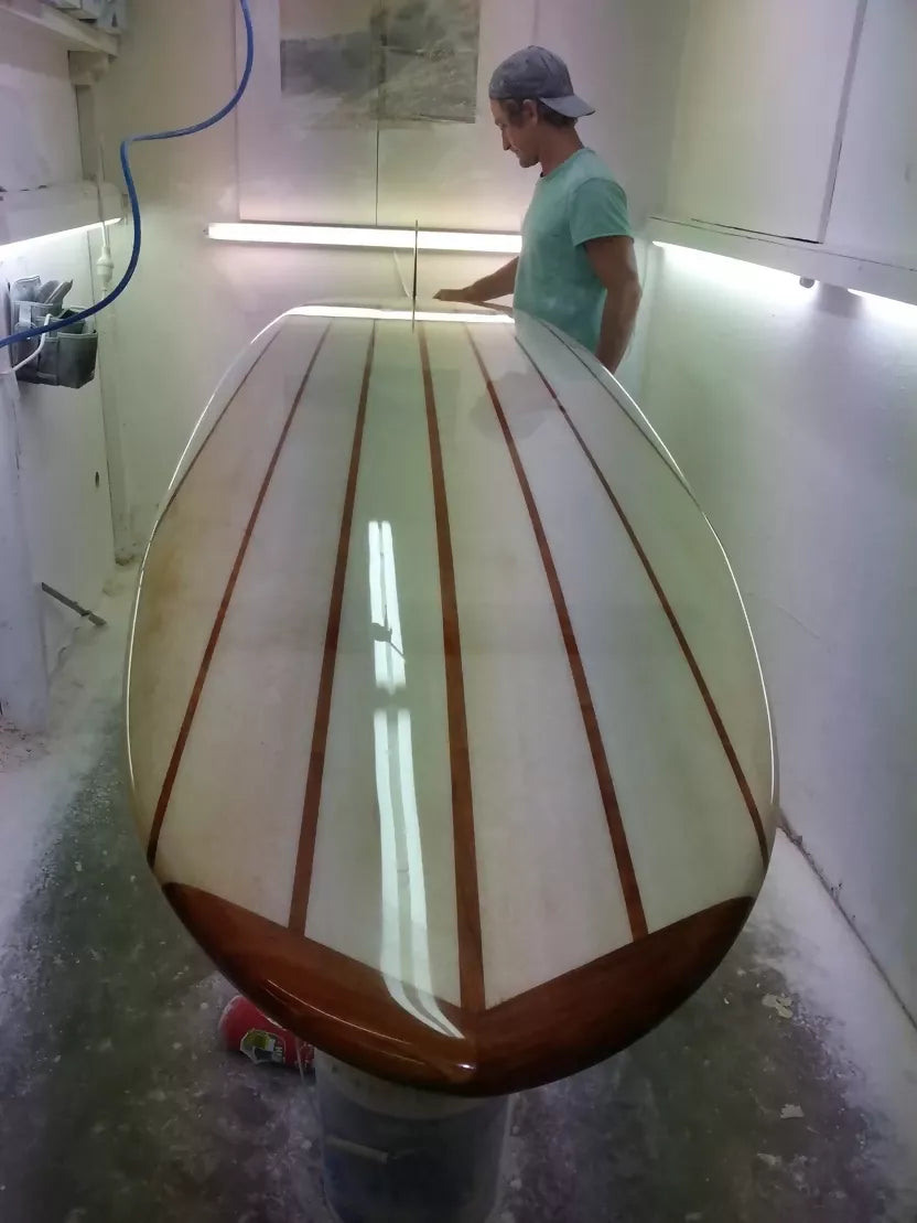 Riley Allrounder solid balsa Mini Malibu viewed from the tail inside the workshop