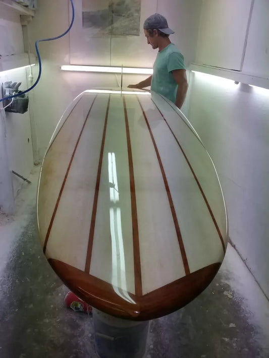 Riley Allrounder solid balsa Mini Malibu viewed from the tail inside the workshop