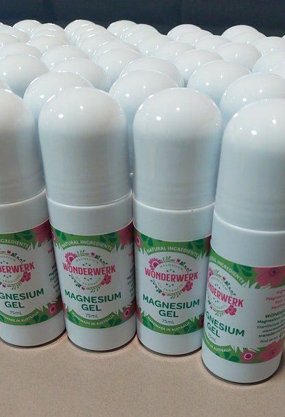 Wonderwerk Magnesium Roll On Gel 75ml bottles lined up for product display