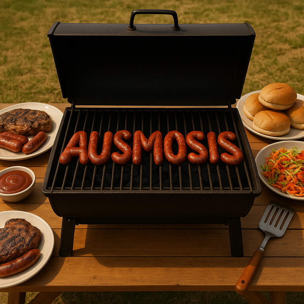 Outdoor barbecue grill with sausages spelling “AUSMOSIS” on a wooden table with classic Aussie BBQ foods, symbolising community and Australian-made pride.