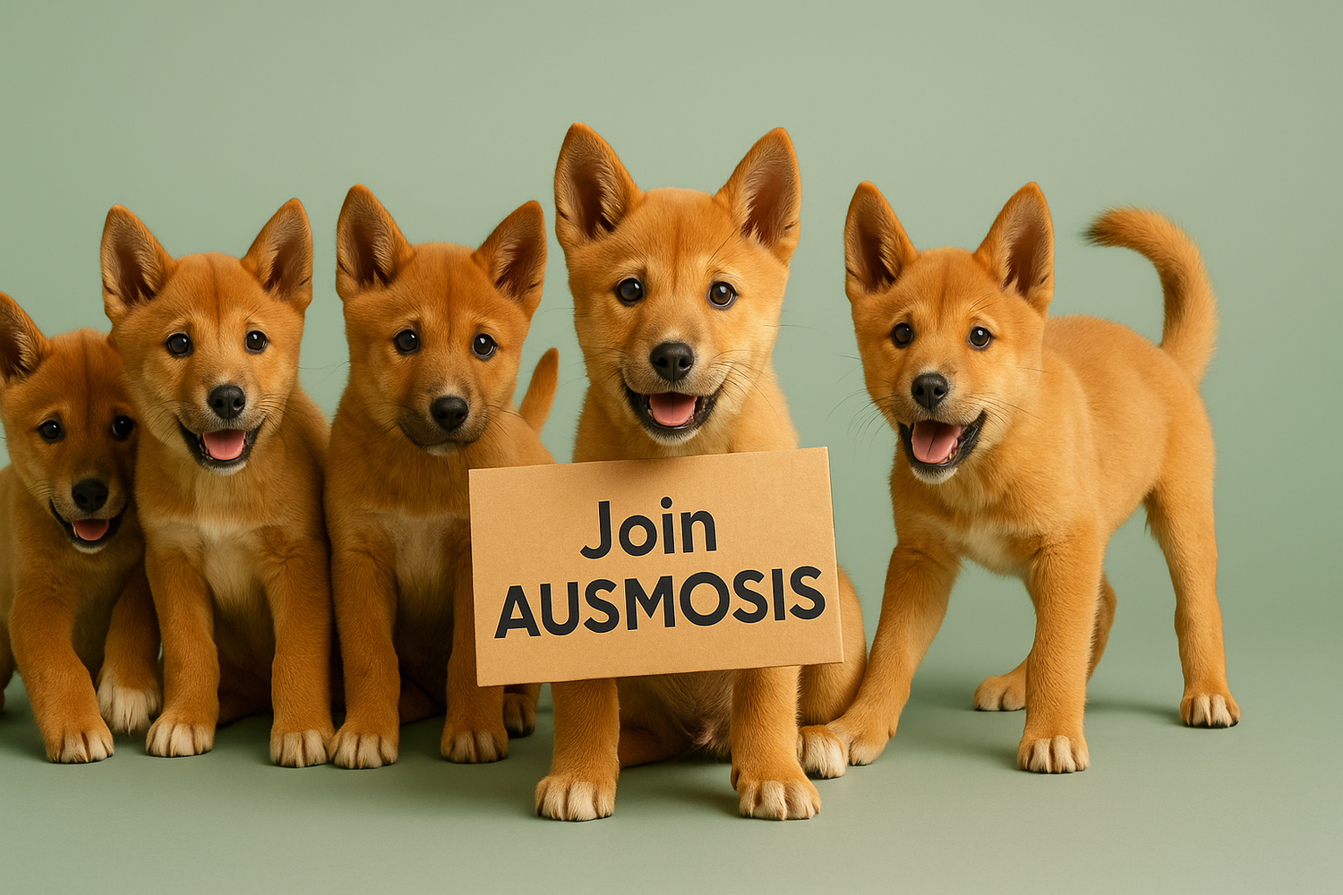 Five dingo puppies holding a cardboard sign that says “Join AUSMOSIS” on a soft green background, representing Australian spirit, community, and local business support.