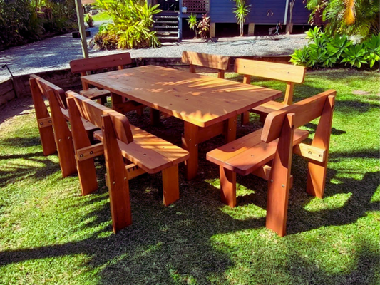 Australian made seven piece hardwood outdoor setting by Billabong Garden Furniture designed for commercial and outdoor entertaining spaces