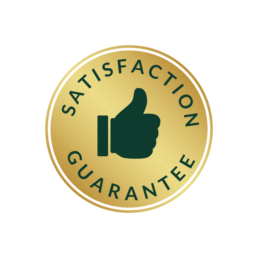 Gold and green Satisfaction Guarantee badge with thumbs up icon — Ausmosis customer trust badge.