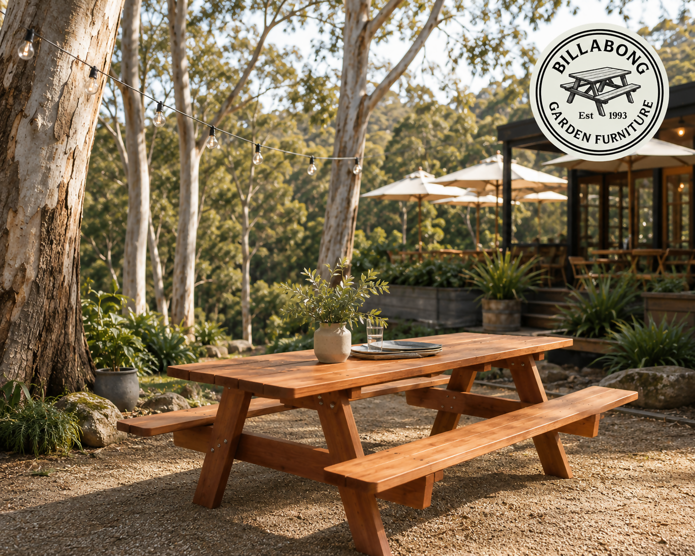 Premium Australian hardwood outdoor picnic setting surrounded by native Australian bushland