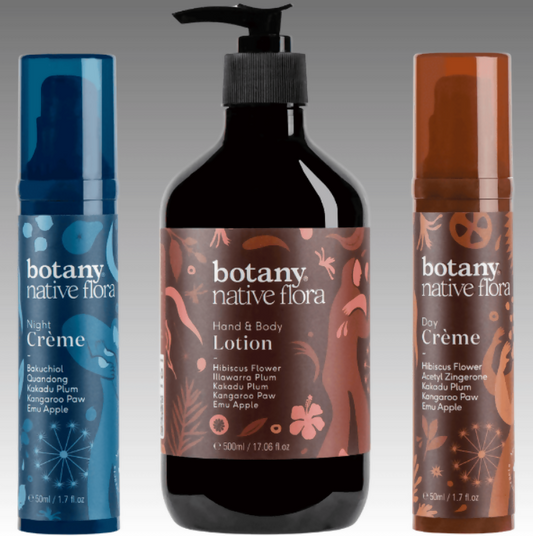 Botany Native Flora Australian skincare bundle featuring botanical body lotion, hand cream and glowing skin products made with native Australian ingredients