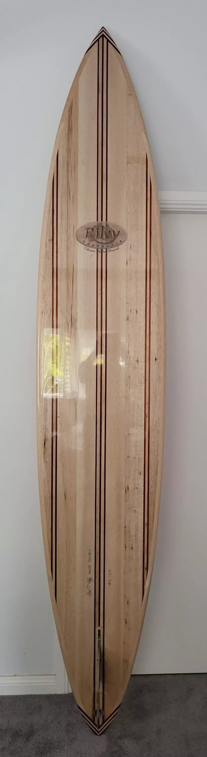 Front view of the Riley Balsawood solid balsa Hawaiian Gun surfboard